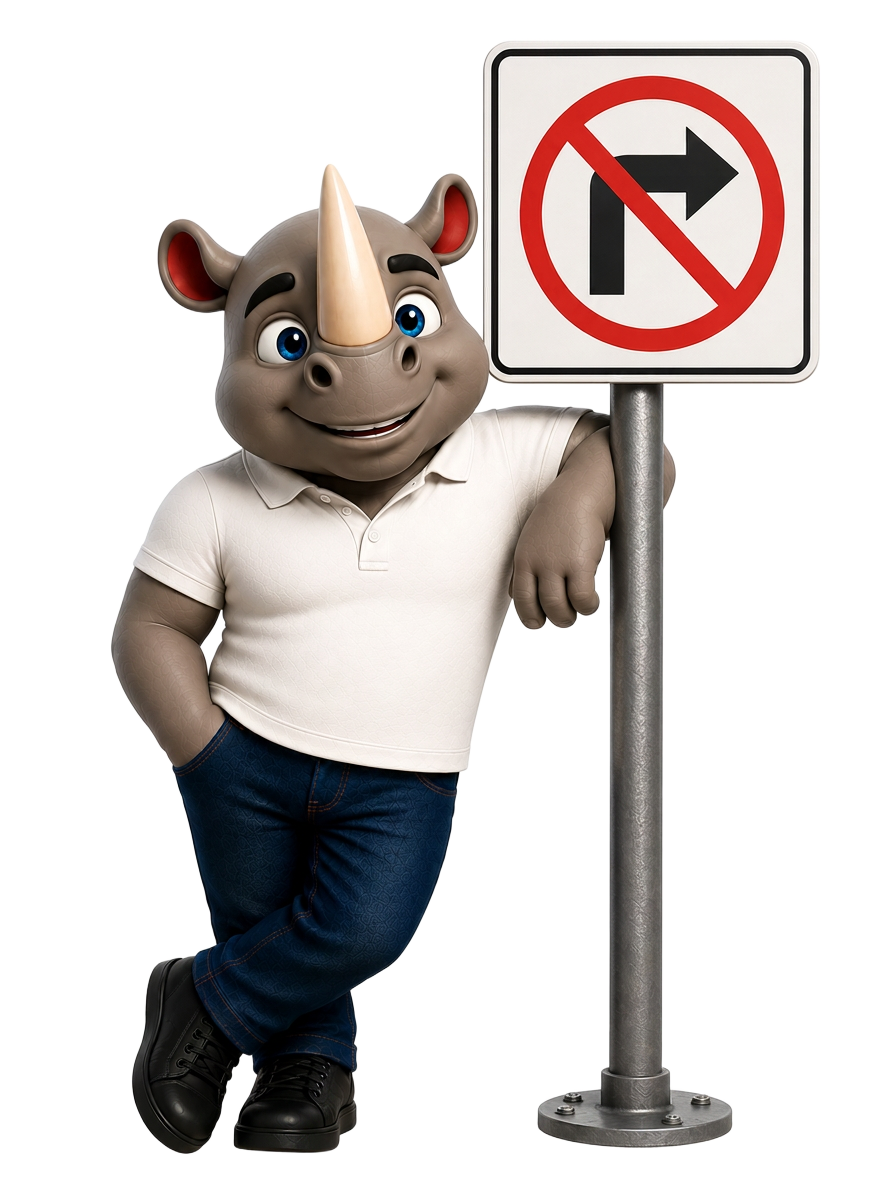 Mascota Rino Risk recargada en señal de no dar vueltas